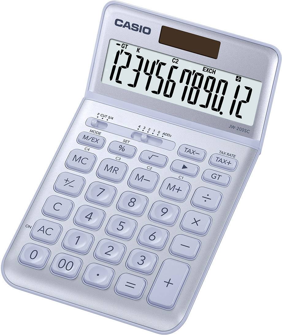 Taschenrechner mit Display, auf dem Zahlen sichtbar sind. Tasten für Grundrechenarten, Prozent, Speicher und Steuerberechnung.