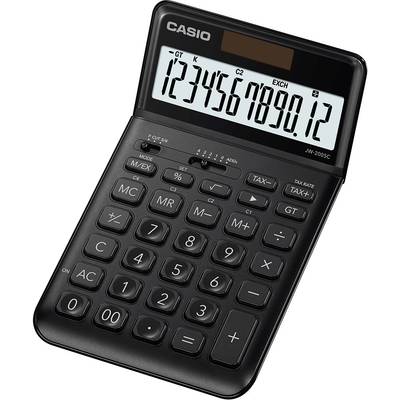Schwarzer Taschenrechner mit großem Display zeigt die Zahlen '1234567890.12' an. Markenname oben, Funktionen für Steuerberechnung.