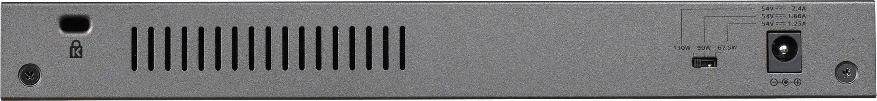 Rückseite eines elektronischen Geräts mit Lüftungsschlitzen, einem Ein/Aus-Schalter und einem Netzsteckeranschluss.