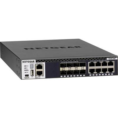 Netzwerkswitch von Netgear mit verschiedenen Ethernet-Ports und LEDs zur Statusanzeige. Modellnummer: M4300-8X8F.