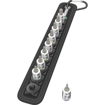 Eine Reihe von acht Schraubendreher-Bits in einem Halter, nummeriert von 2 bis 30, mit verschiedenen Farben für unterschiedliche Größen.