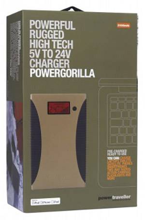 Eine Verpackung mit der Aufschrift 'Powerful rugged high tech charger Powergorilla', zeigt ein Bild des Ladegeräts und Informationen zur Spannung.