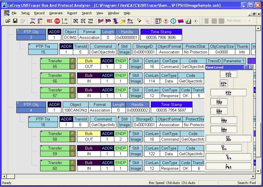 'LeCroy USBTracer Bus and Protocol Analyzer' zeigt detaillierte Analyse eines USB-Protokolls mit Objekt-, Transfer- und Transaktionsdaten.