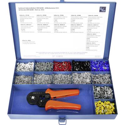 Blauer Metallkasten mit diversen Aderendhülsen in verschiedenen Farben und Größen. Eine Crimpzange liegt im Inneren. Tabelle mit Artikelnummern auf der Innenseite des Deckels.