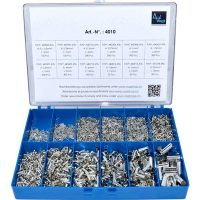 Ein blauer Sortimentskasten mit verschiedenen Metallstiften und Hülsen in getrennten Fächern, Deckel mit Artikelnummer und Herstellerangaben.