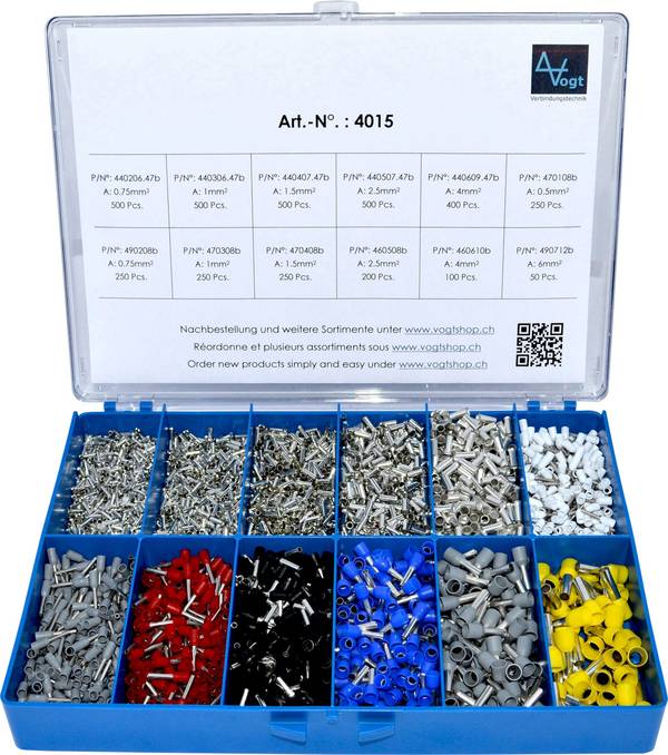 Vogt Verbindungstechnik 4015 Aderendhülsen-Sortiment 0.5 mm², 6 mm² Teilisoliert Silber, Weiß, Grau, Rot, Schwarz, Blau, Gelb 3650 St.