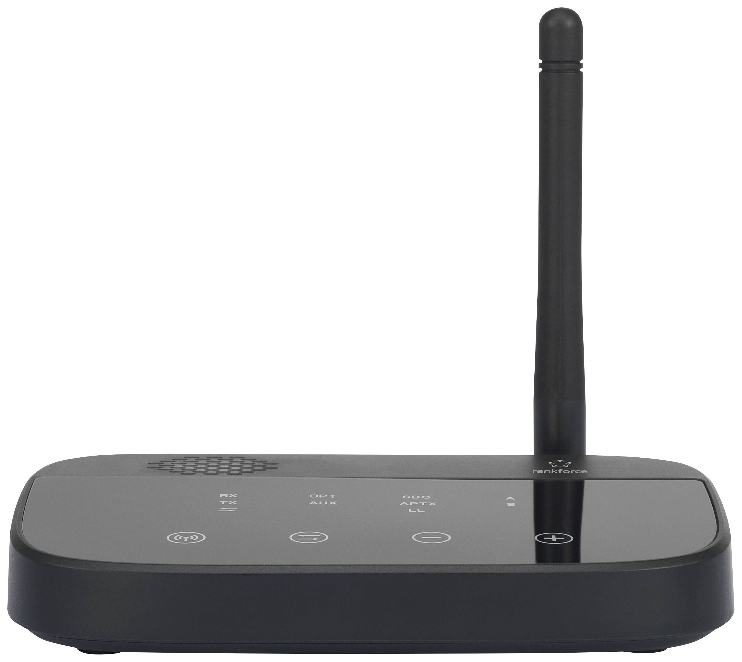 Ein schwarzer WLAN-Router mit einer einzelnen Antenne und mehreren Statusleuchten auf der Vorderseite.
