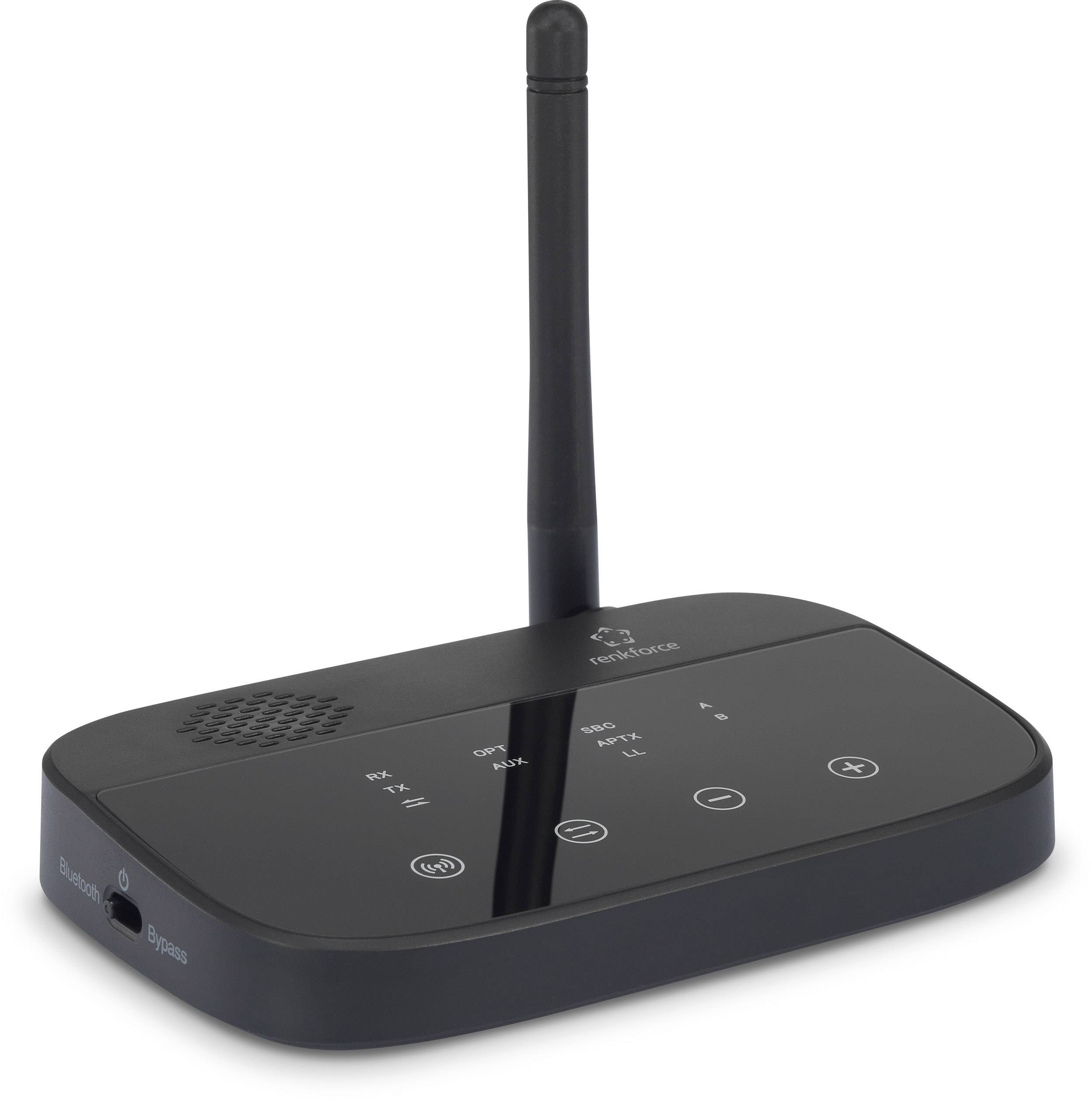 Ein schwarzes Funkgerät mit Antenne und mehreren Bedienelementen auf der Vorderseite, darunter ein Lautsprecher-Symbol und Leuchtanzeigen.