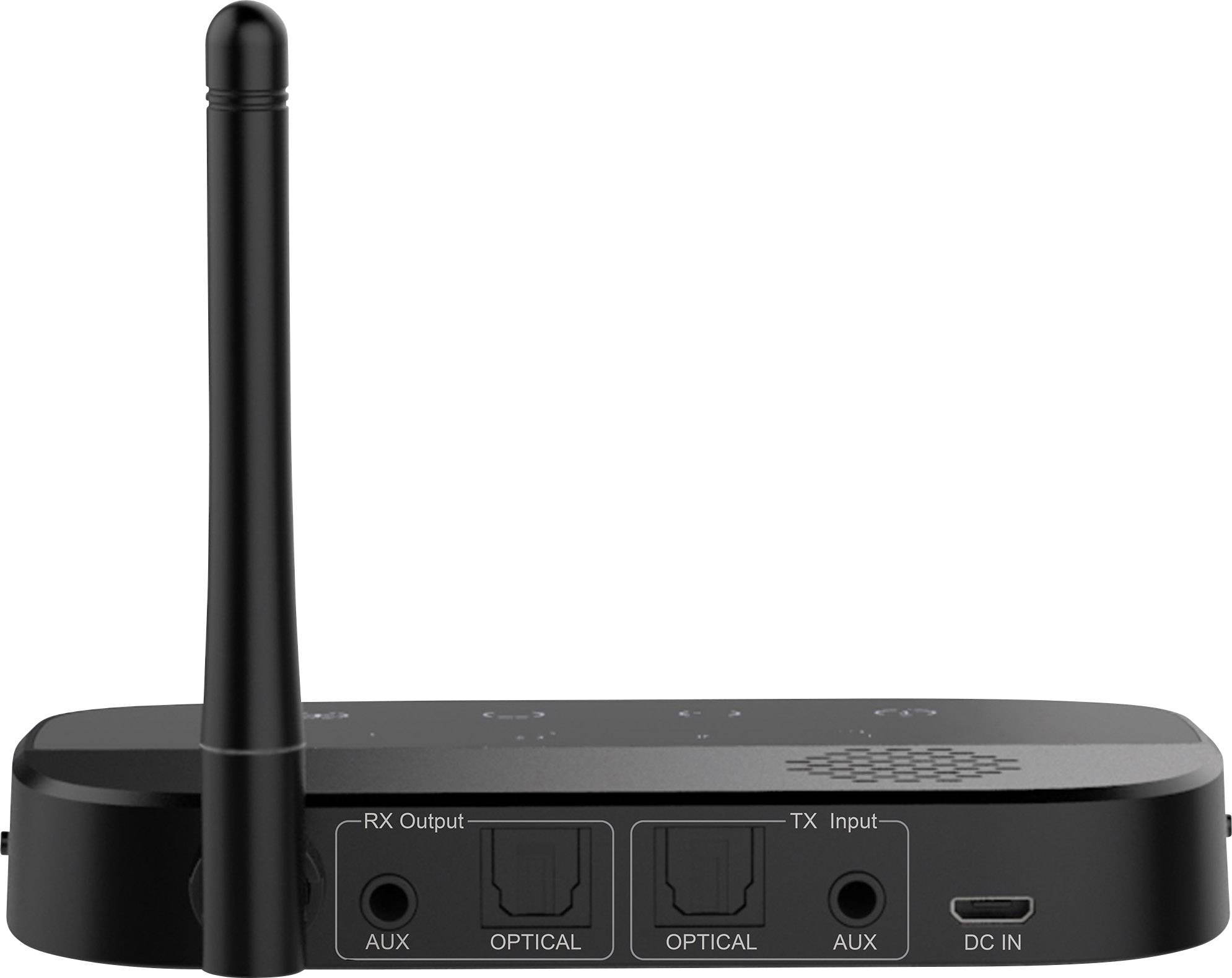 Schwarzes, kompaktes Audiogerät mit Antenne, mehreren Anschlussports und Beschriftungen für 'RX Output', 'TX Input' und 'DC IN'.