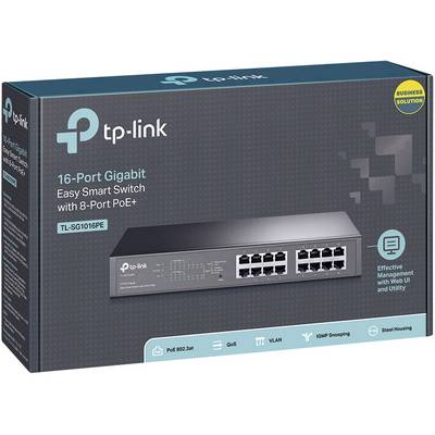 'TP-Link 16-Port Gigabit Easy Smart Switch mit 8-Port PoE+.' Produktverpackung zeigt Schalterbild und Funktionen wie PoE, VLAN.