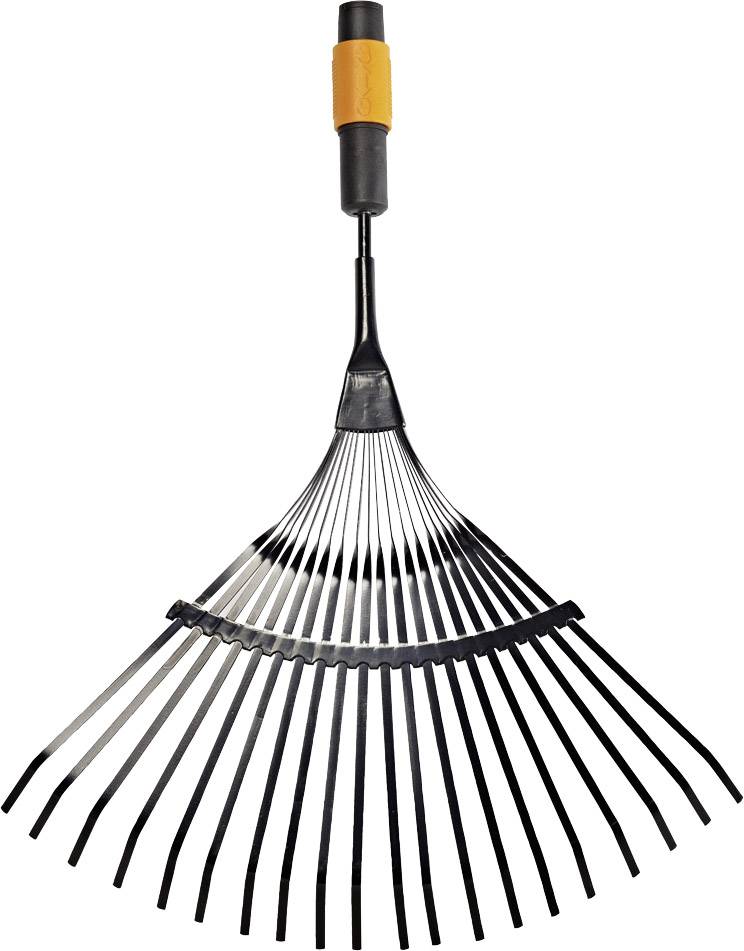 Eine Harke mit schwarzem Metallkopf und orangefarbenem Griff, ideal zum Aufsammeln von Laub und Gartenarbeiten.