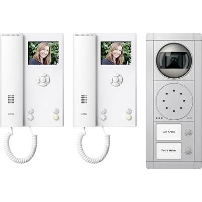 'Video-Sprechanlage-System mit zwei Innenstationen, je mit Hörer und Bildschirm, und einer Außenstation mit Kamera und zwei Klingelknöpfen.'