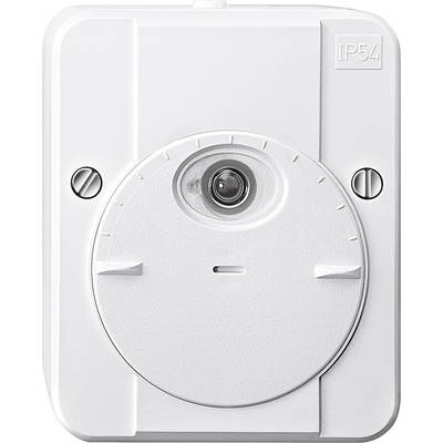 Ein weißes elektrisches Gerät mit der Markierung 'IP54', vorne eine runde Abdeckung mit zentralem Sensor, seitlich Schrauben.
