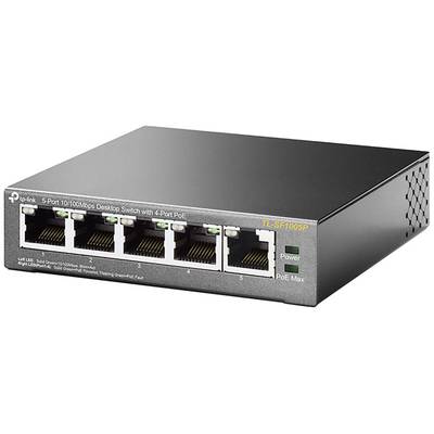 Ein schwarzer 5-Port-Desktop-Switch mit Ethernet-Ports und LED-Anzeigen für Power und PoE. Modell: TL-SF1005P von TP-Link.
