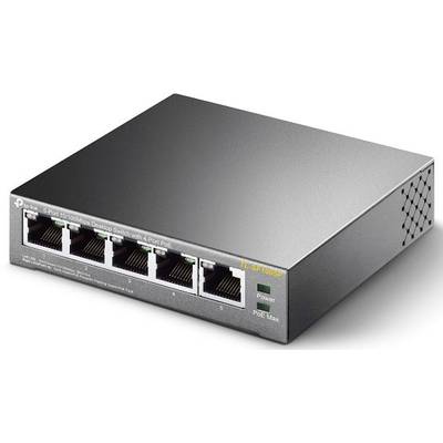 Ein 5-Port-Desktop-Switch von TP-Link mit 4 PoE-Ports, geeignet für Netzwerke mit PoE-Versorgung, im Metallgehäuse.