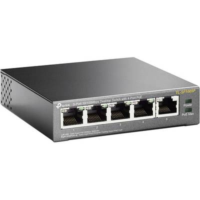 Ein Netzwerk-Switch von TP-Link mit fünf Ethernet-Ports, davon vier mit PoE-Unterstützung, Modell TL-SF1005P.