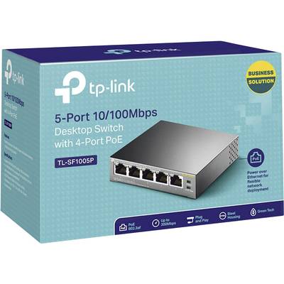 Verpackung eines TP-Link Desktop Switches, 5-Port 10/100Mbps mit 4-Port PoE, Modell TL-SF1005P. Ideal für Netzwerkeinsätze.