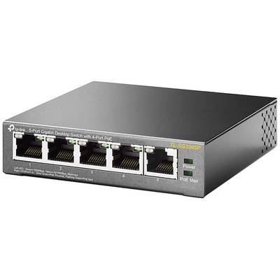 Fünf-Port-Gigabit-Desktop-Switch von TP-Link mit vier PoE-Ports. Vorderseite zeigt Netzwerkanschlüsse und Statusanzeigen.