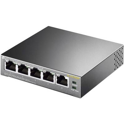 Ein 5-Port Gigabit Desktop Switch mit 4 PoE-Ports. Silbernes Gehäuse, LED-Anzeigen für Power und PoE Max, Markenlogo oben links.