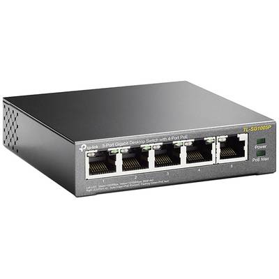 Ein 5-Port Gigabit Desktop-Switch mit 4 PoE-Ports, Modell TL-SG1005P, geeignet für kleine Netzwerke zur Verbindung mehrerer Geräte.
