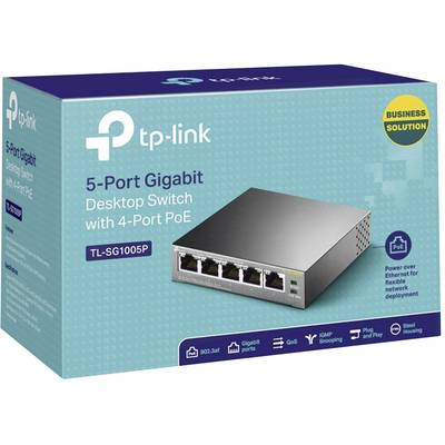 'TP-Link 5-Port Gigabit Desktop Switch mit PoE', Verpackung zeigt Produktbild und Textdetails zur Leistung, 4 PoE-Ports hervorgehoben.