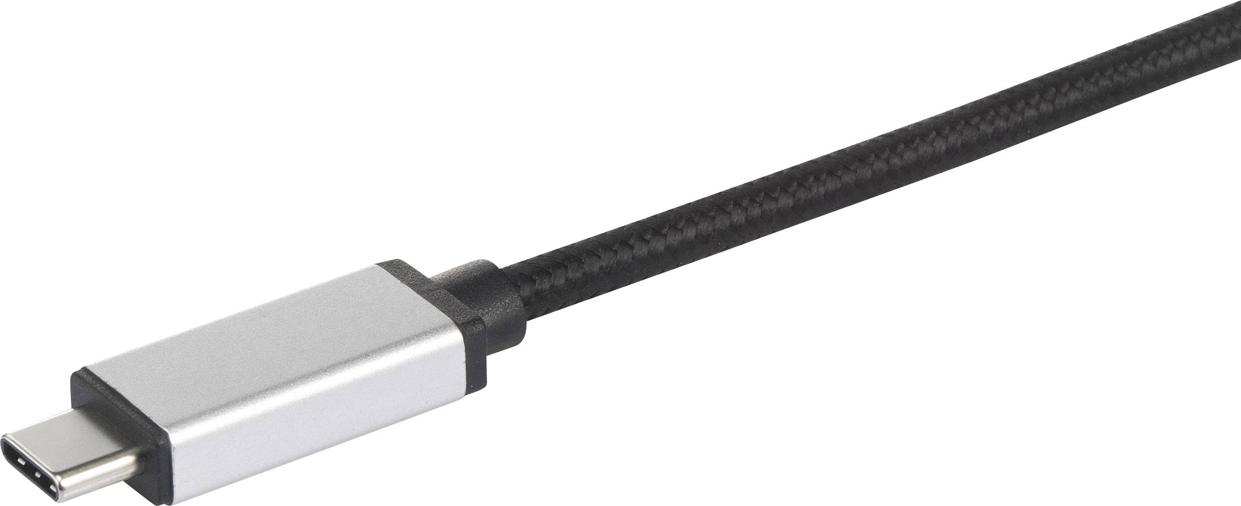 Ein USB-C-Kabel mit schwarzer Ummantelung und silbernem Stecker, das üblicherweise zum Laden und Übertragen von Daten verwendet wird.