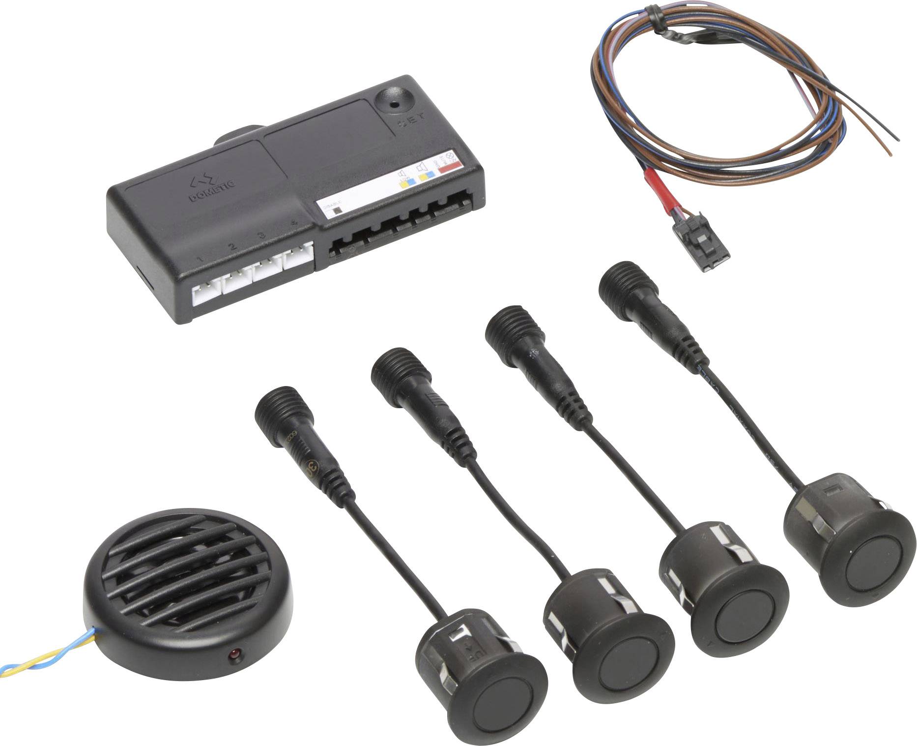 Ein Parksensor-Kit mit Steuergerät, vier Sensoren, Verkabelung und einem Lautsprecher. Entwickelt zur Unterstützung beim Parken.