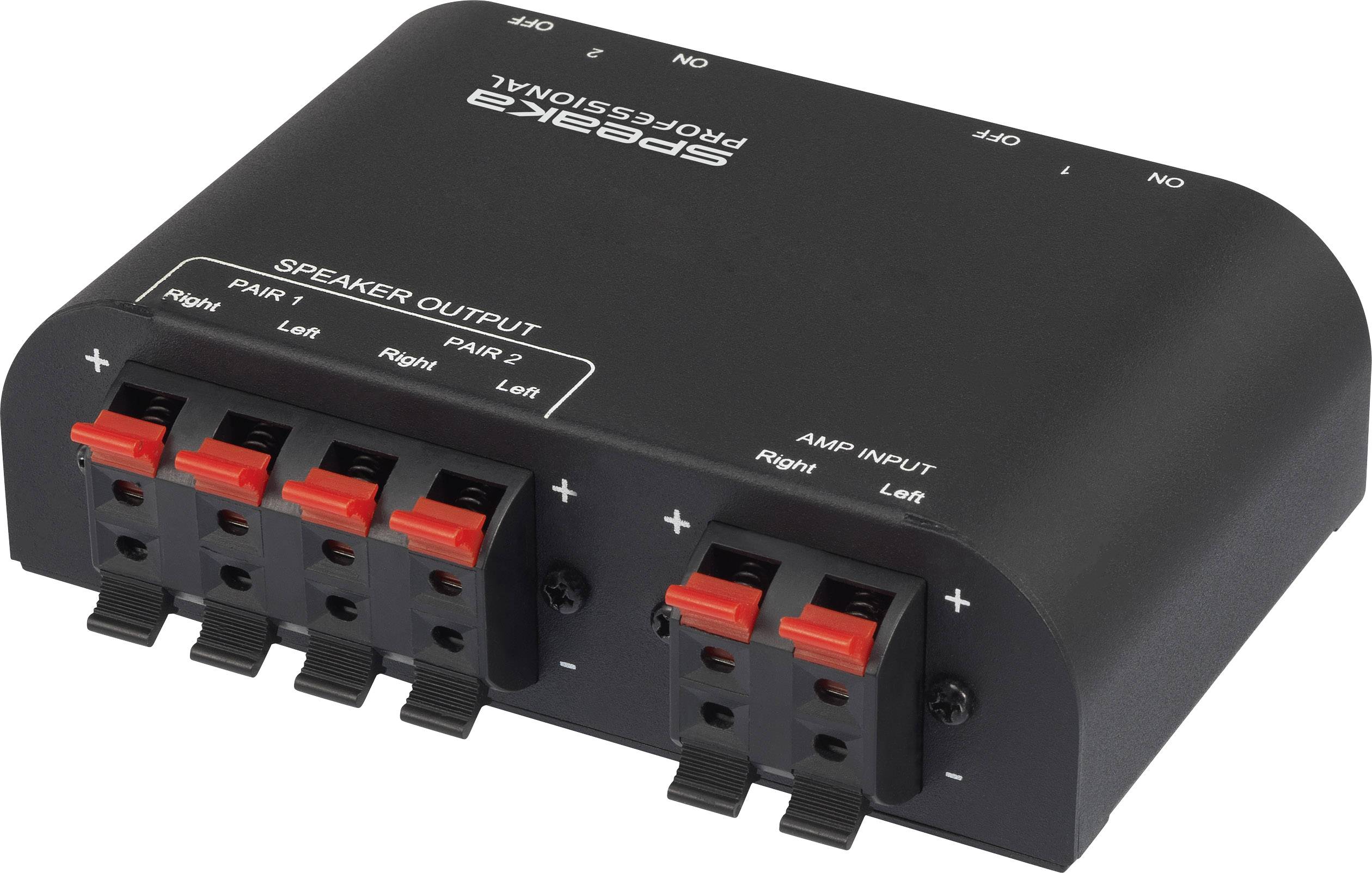 'Ein Lautsprecher-Splitter mit Eingängen für Verstärker und Ausgängen für zwei Lautsprecherpaare, jeweils mit Plus- und Minus-Klemmen.'
