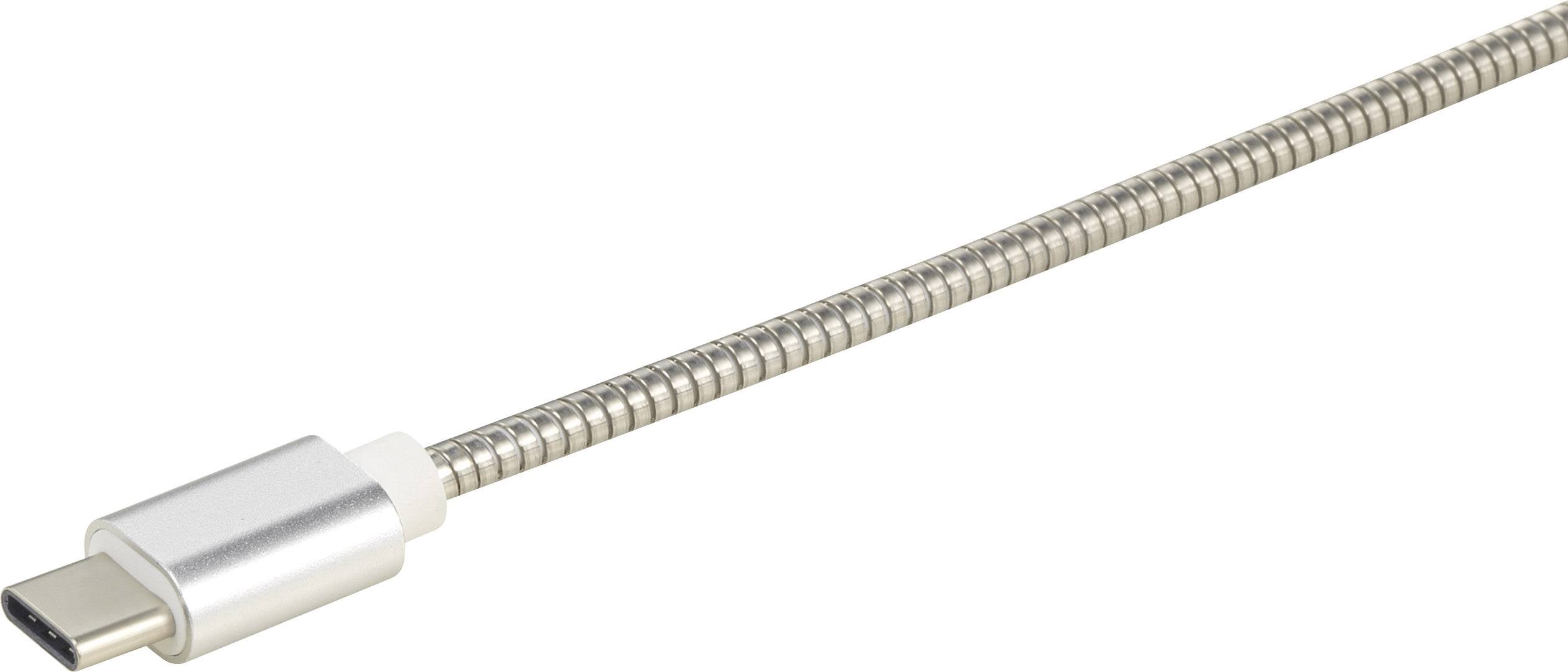 Ein USB-C-Kabel mit einem silbernen, geflochtenen Design.