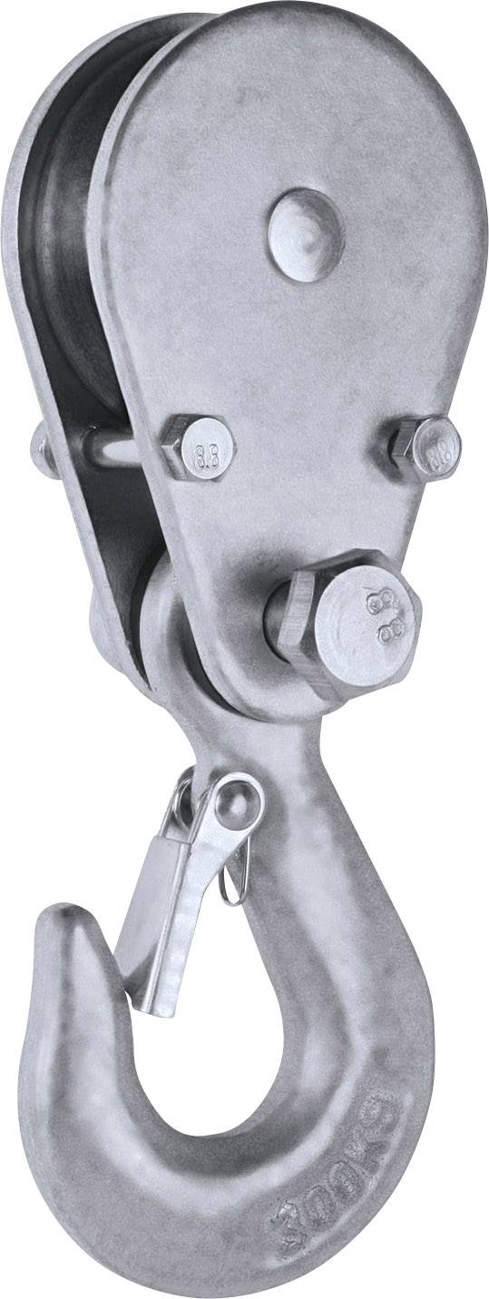 Ein Metallflaschenzug mit Haken, geeignet zum Anheben schwerer Lasten. Stabil gebaut und mit mehreren Befestigungsschrauben versehen.