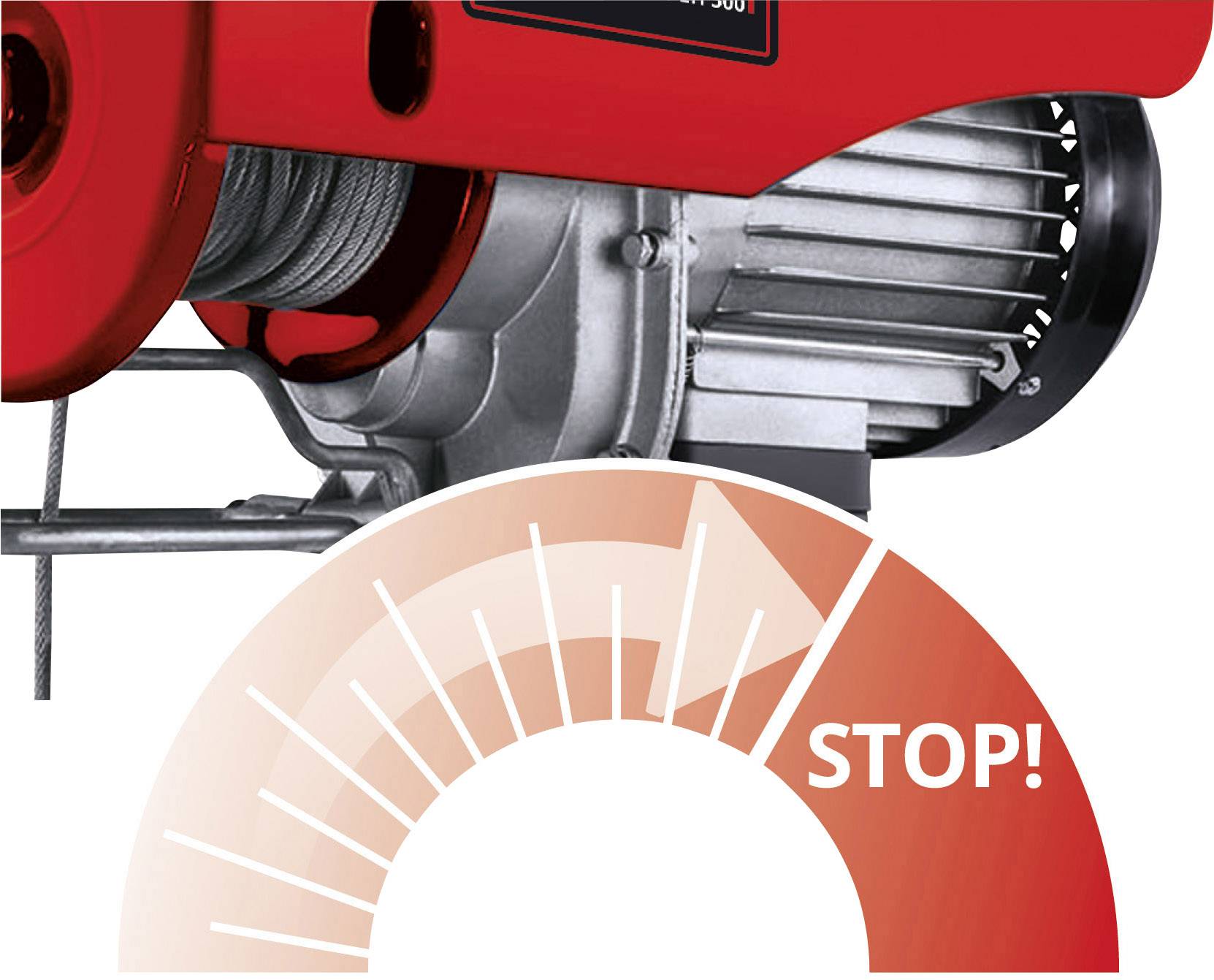 Roter Kranmotor mit Metallseil. Halbkreis mit Pfeil und 'STOP!' signalisiert Anhalten.