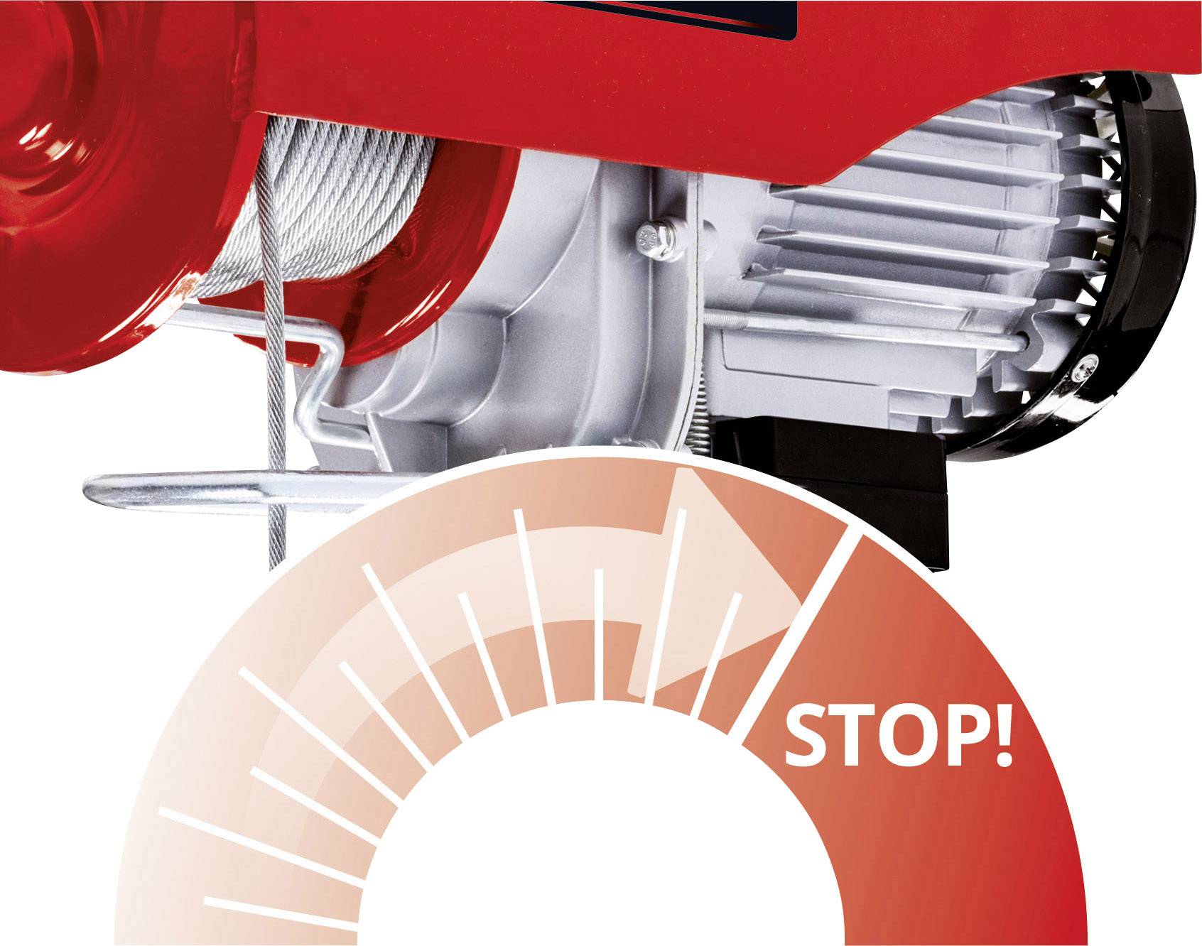 Ein roter Motor mit einer Seilrolle. Ein Diagramm daneben zeigt 'STOP!' in weißem Text, mit einem Pfeil, der auf die Seilrolle zeigt.