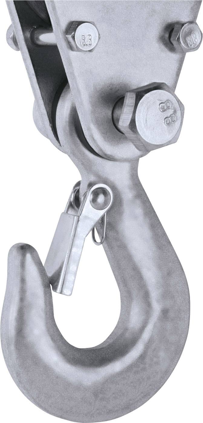 Metallischer Haken mit Sicherheitsverschluss an einer Montur, geeignet zum Heben schwerer Lasten in industriellen Anwendungen.
