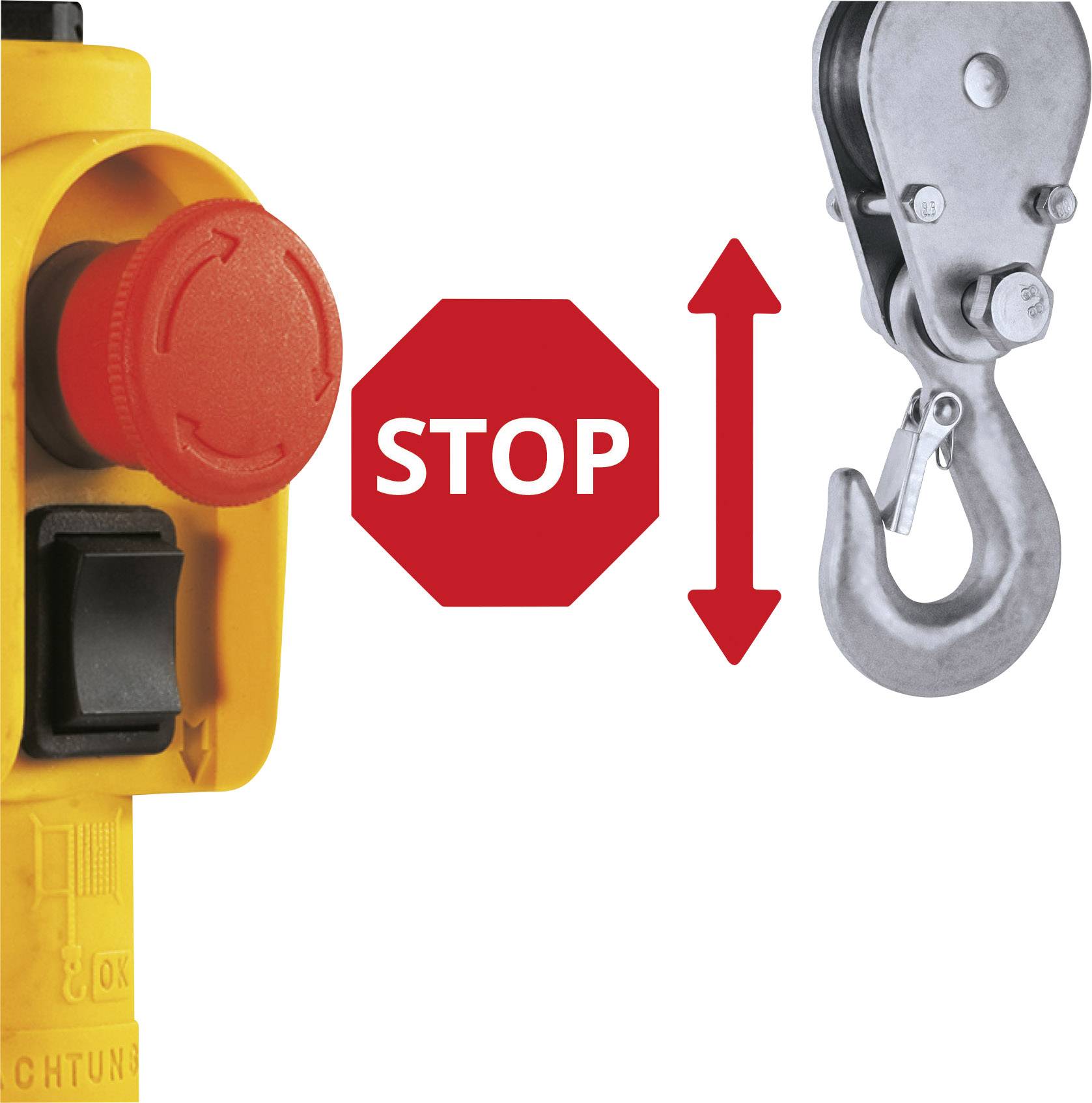 'STOP'-Schild mit Pfeilen nach oben und unten zwischen einem gelben Schalter mit rotem Knopf und einem Metallhaken.