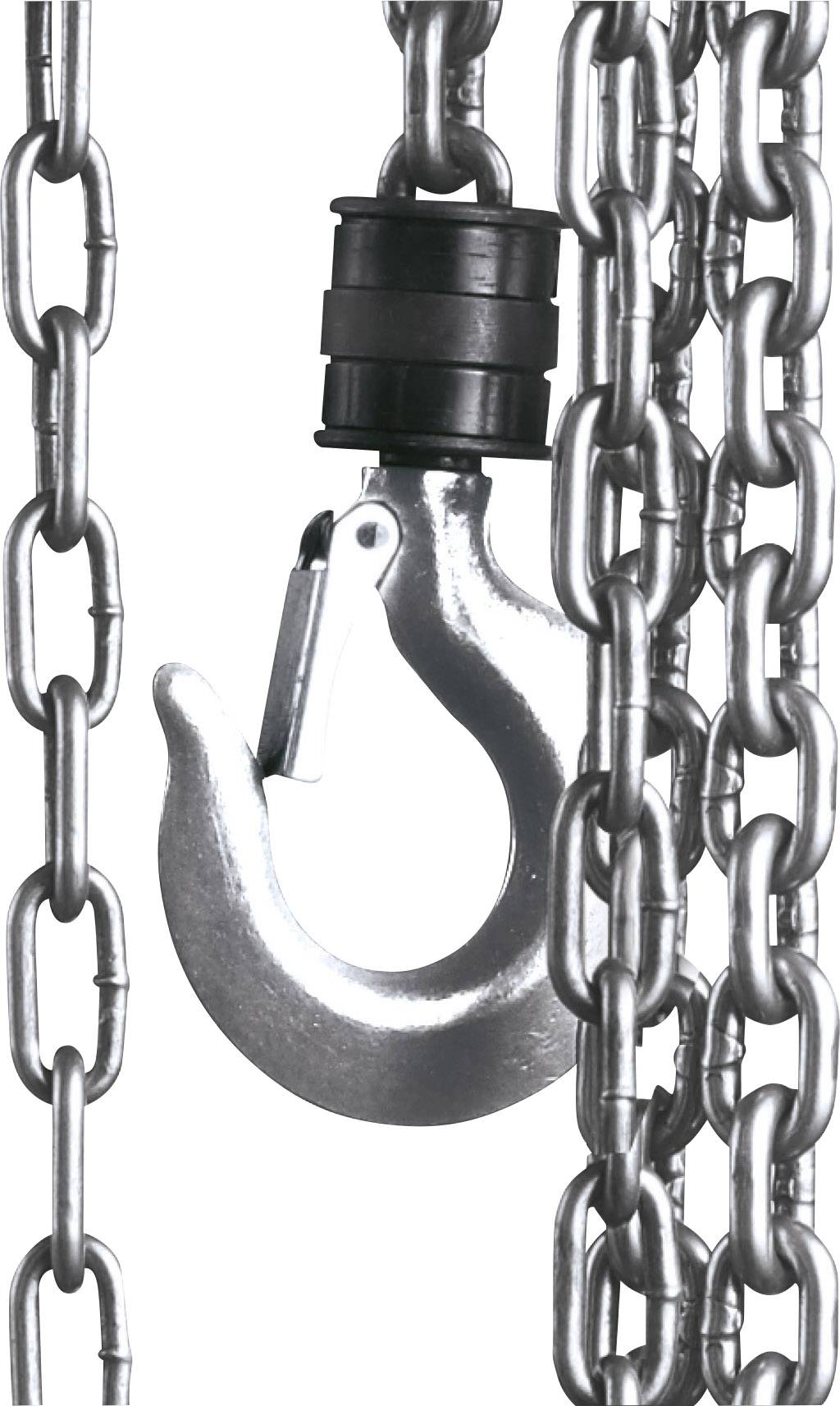Eine Metallkette mit einem großen Haken und mehreren kleinen Ketten drumherum, verwendet für das Heben schwerer Lasten.
