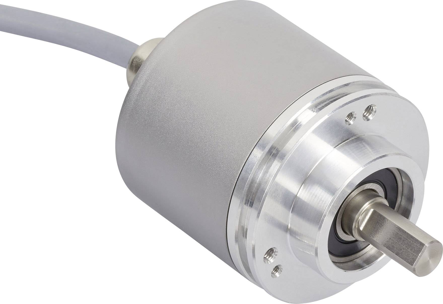 Optischer Absolutdrehgeber des Herstellers Posital Fraba. Der Drehgeber hat ein zylindrisches Gehäuse und ist mit einem Klemmflansch zur Befestigung ausgestattet. Auf der Vorderseite ist eine zentrale Welle sichtbar, während auf der Rückseite mehrere Anschlusskabel und Steckverbinder zur elektrischen Anbindung herausgeführt sind. Der Drehgeber ist in einem robusten, industrietauglichen Gehäuse untergebracht.