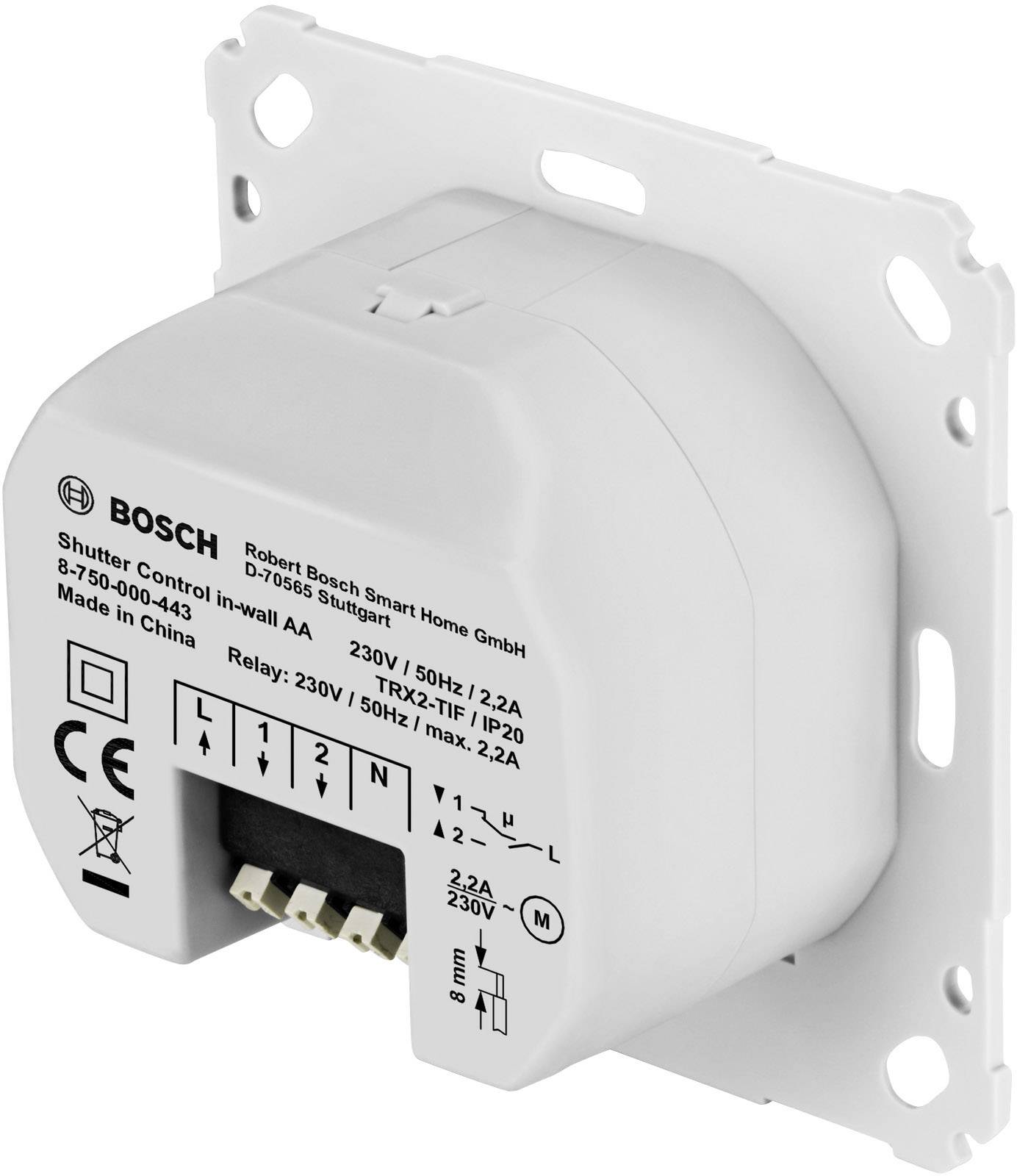 Ein weißes, quadratisches Bosch Smart Home Rollladensteuerungsgerät mit verschiedenen technischen Spezifikationen und Anschlussklemmen.