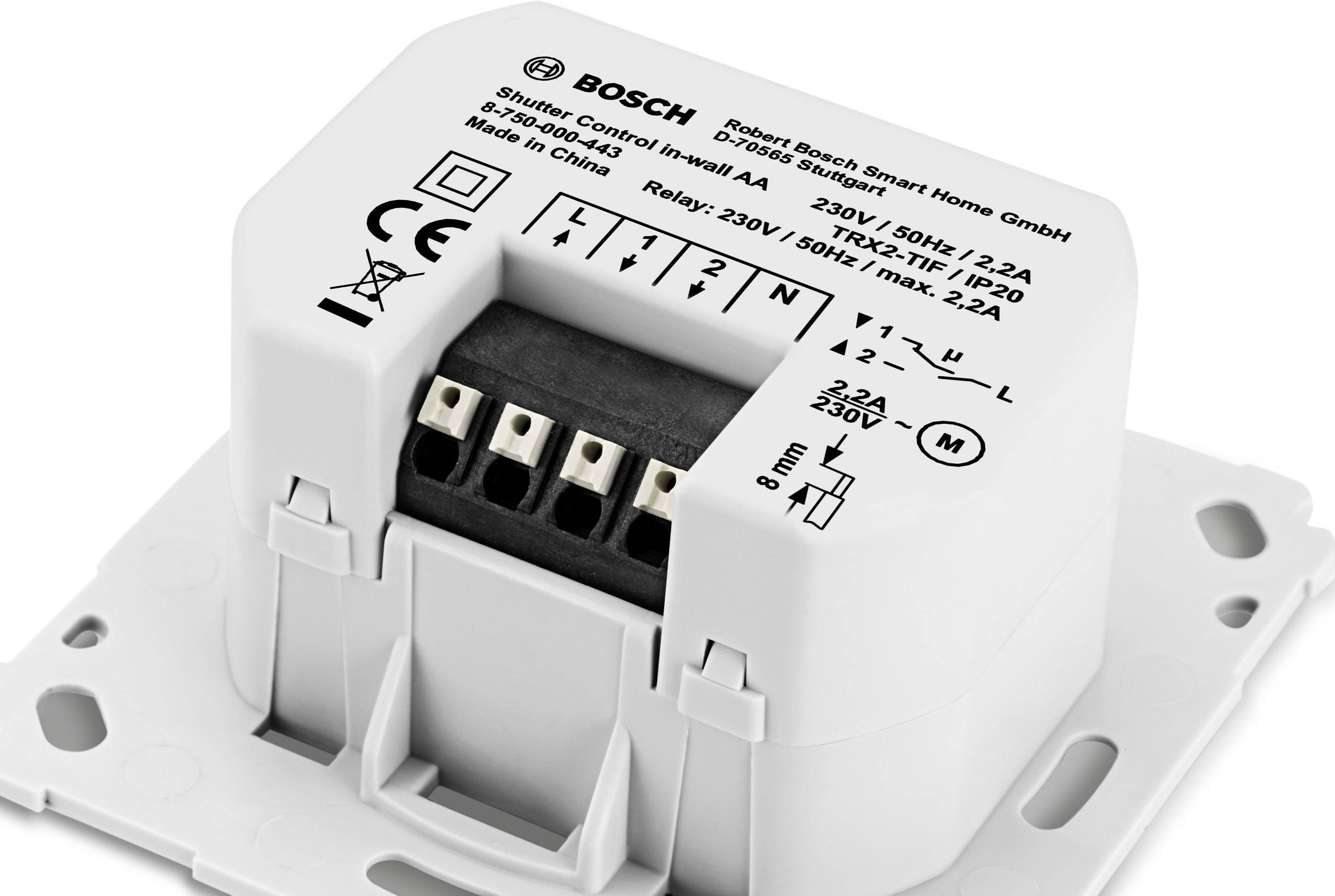 Ein weißer Bosch Rollladenmotor mit technischen Spezifikationen, darunter eine Spannung von 230V, und mehreren Anschlussklemmen sichtbar.