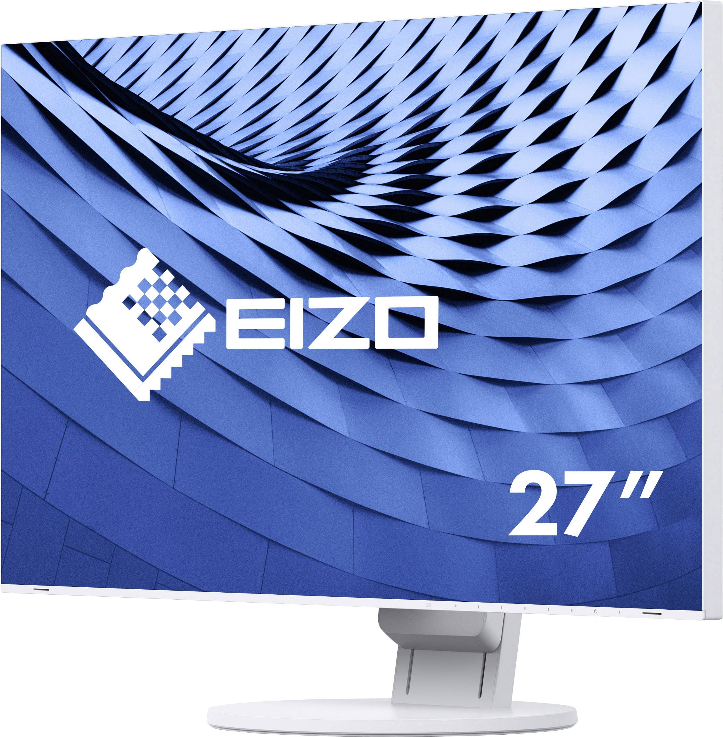 Blauer Monitor von EIZO, 27 Zoll, mit designvollem Hintergrund aus wellenförmigen Mustern.