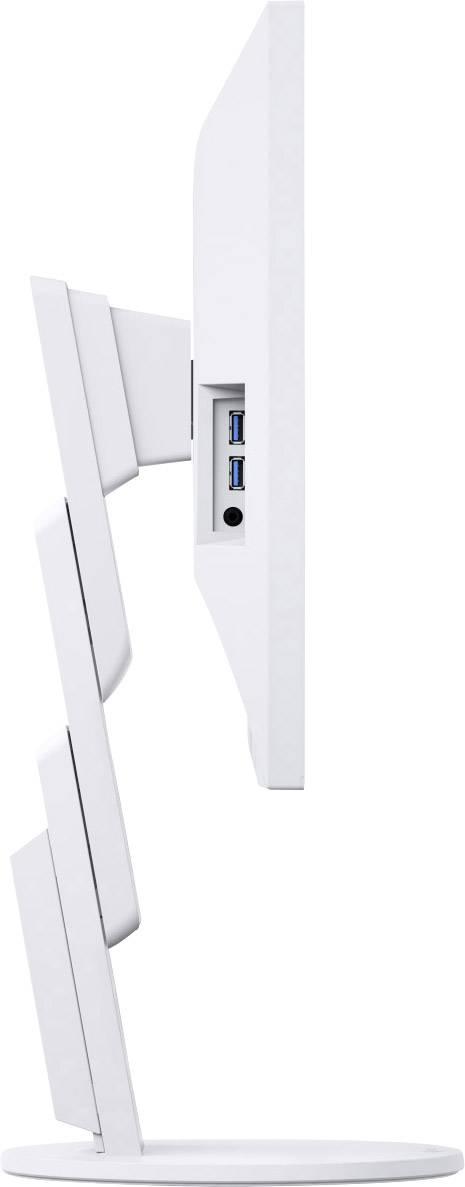 Ein weißer Computermonitor seitlich gezeigt, mit zwei USB-Anschlüssen und einem Kopfhöreranschluss an der Seite des Bildschirmsockels.