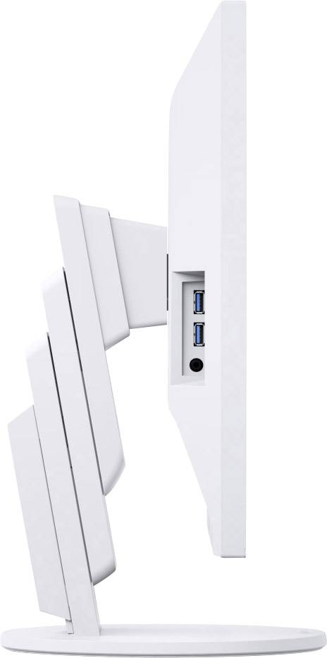 Seitenansicht eines weißen Flachbildmonitors mit zwei USB-Anschlüssen an der Rückseite.