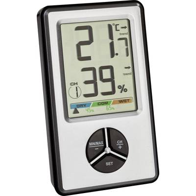 Digitales Thermo-Hygrometer zeigt Temperatur von 21,7°C und Luftfeuchtigkeit von 39%. Pfeile für Trendanzeigen, Steuerelemente darunter.