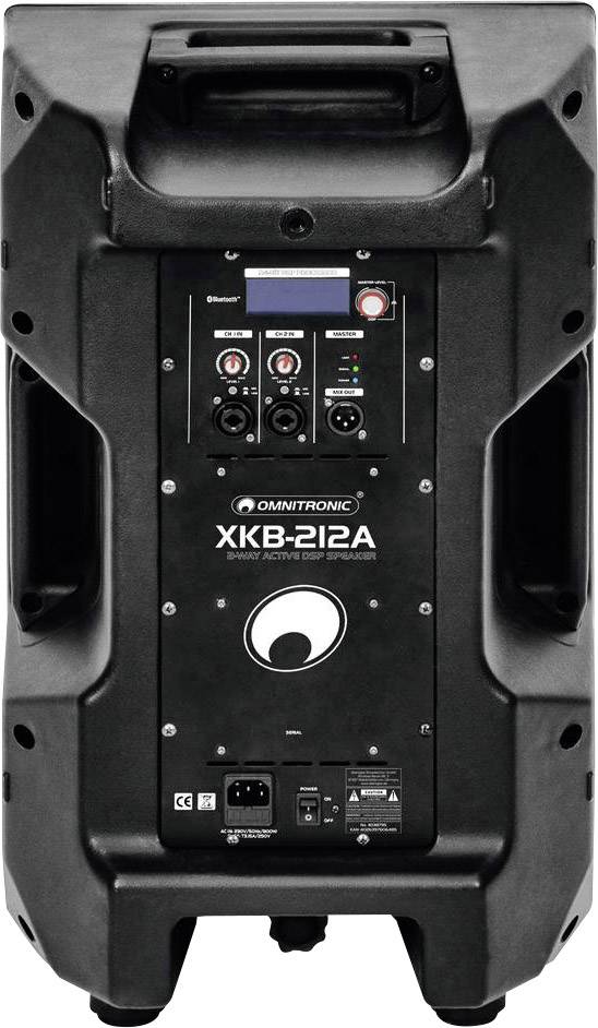 Schwarze Rückseite eines Lautsprechers mit Anschlüssen, Lautstärkereglern und einem Display. Modell 'Omnitronic XKB-212A'.