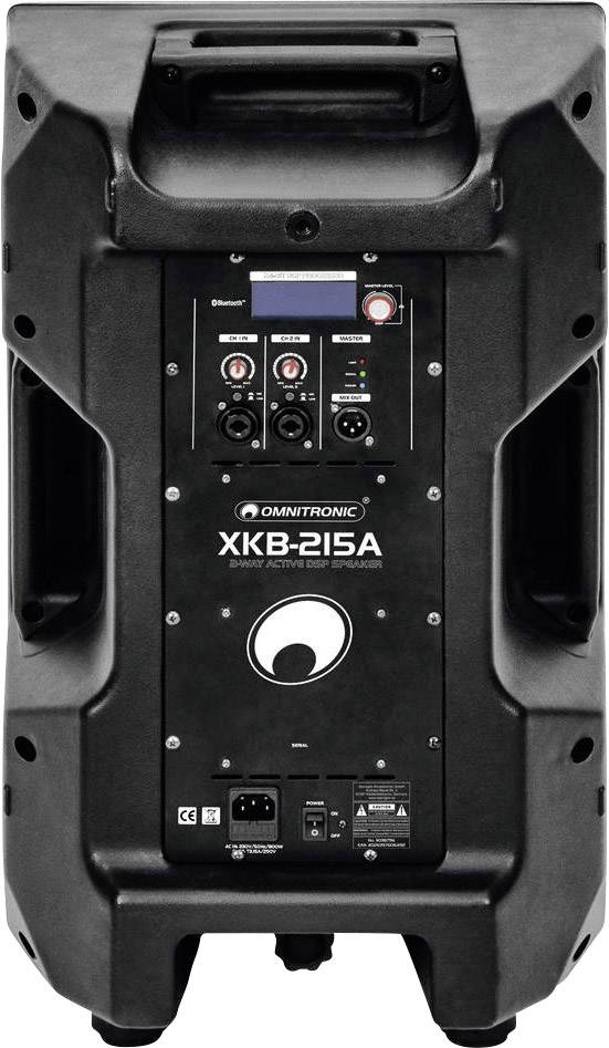 'Omnitronic XKB-215A' Lautsprecher-Rückseite mit Steuerungselementen und Anschlüssen, darunter Stromanschluss, Knöpfe und Bildschirm.