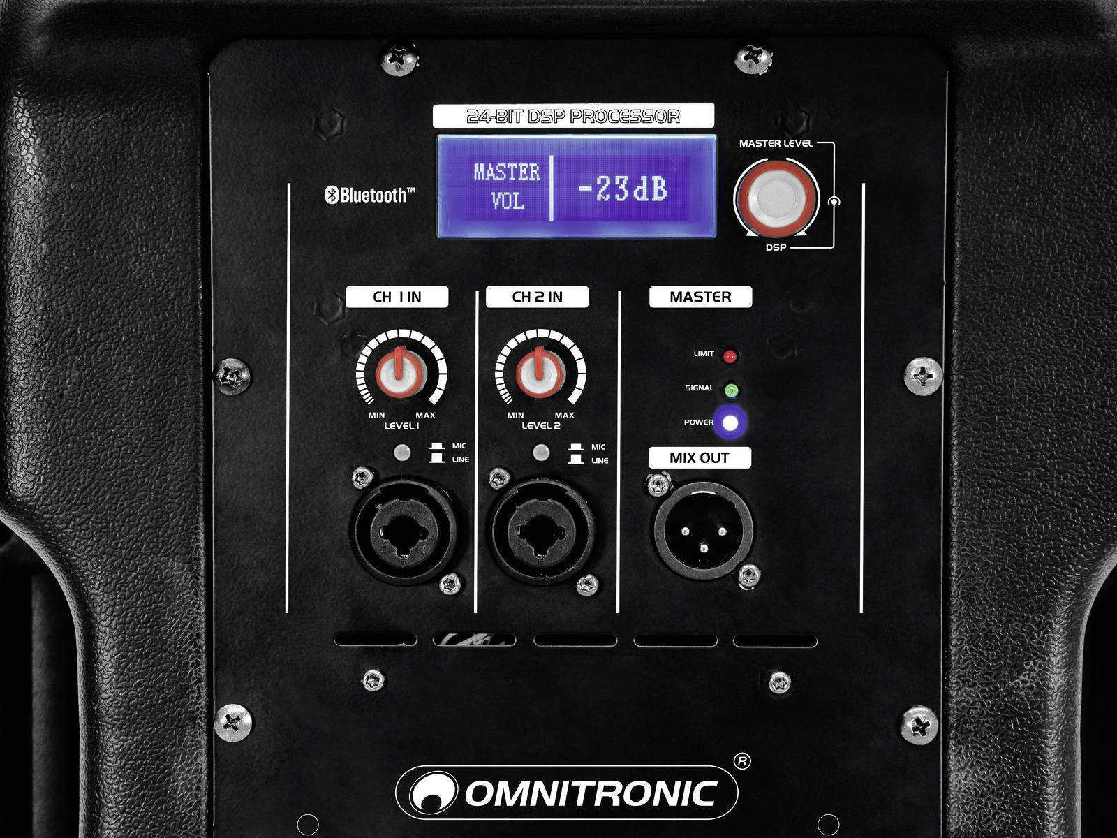 DSP-Audioprozessor mit Lautstärkeregelung, Bluetooth-Logo, zwei Eingängen mit Pegelreglern und Hauptausgangsanzeige.