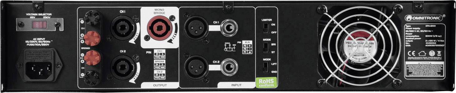 Rückansicht eines Verstärkers mit verschiedenen Audio-Anschlüssen, Schaltern und einem Lüfter. Beschriftungen zeigen 'OUTPUT' und 'INPUT'.