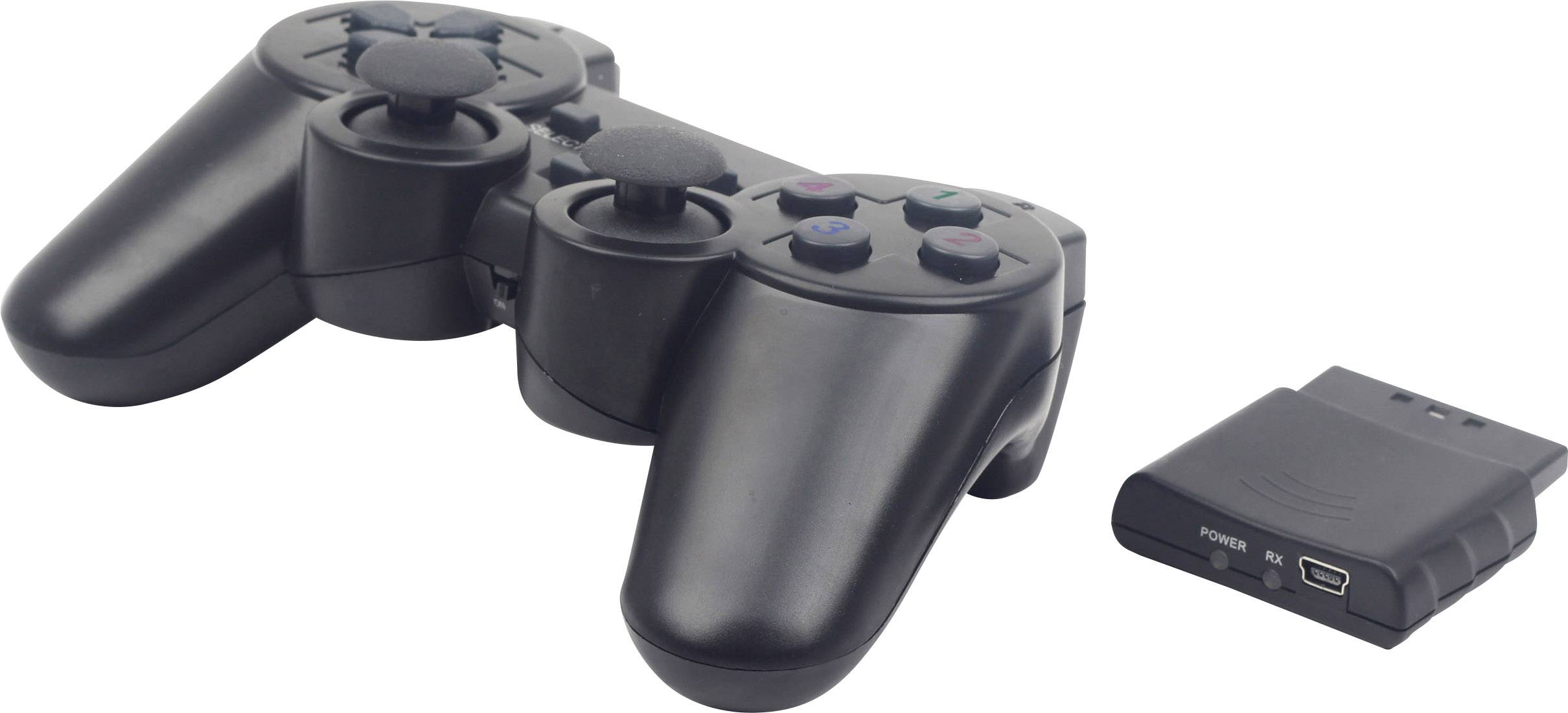 Ein schwarzer drahtloser Gaming-Controller mit Daumensticks und mehreren Tasten, daneben ein USB-Empfänger für die drahtlose Verbindung.