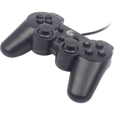 Schwarzer, kabelgebundener Spielcontroller mit zwei Joysticks und farbigen Tasten auf der Vorderseite, liegt auf einem Tisch.