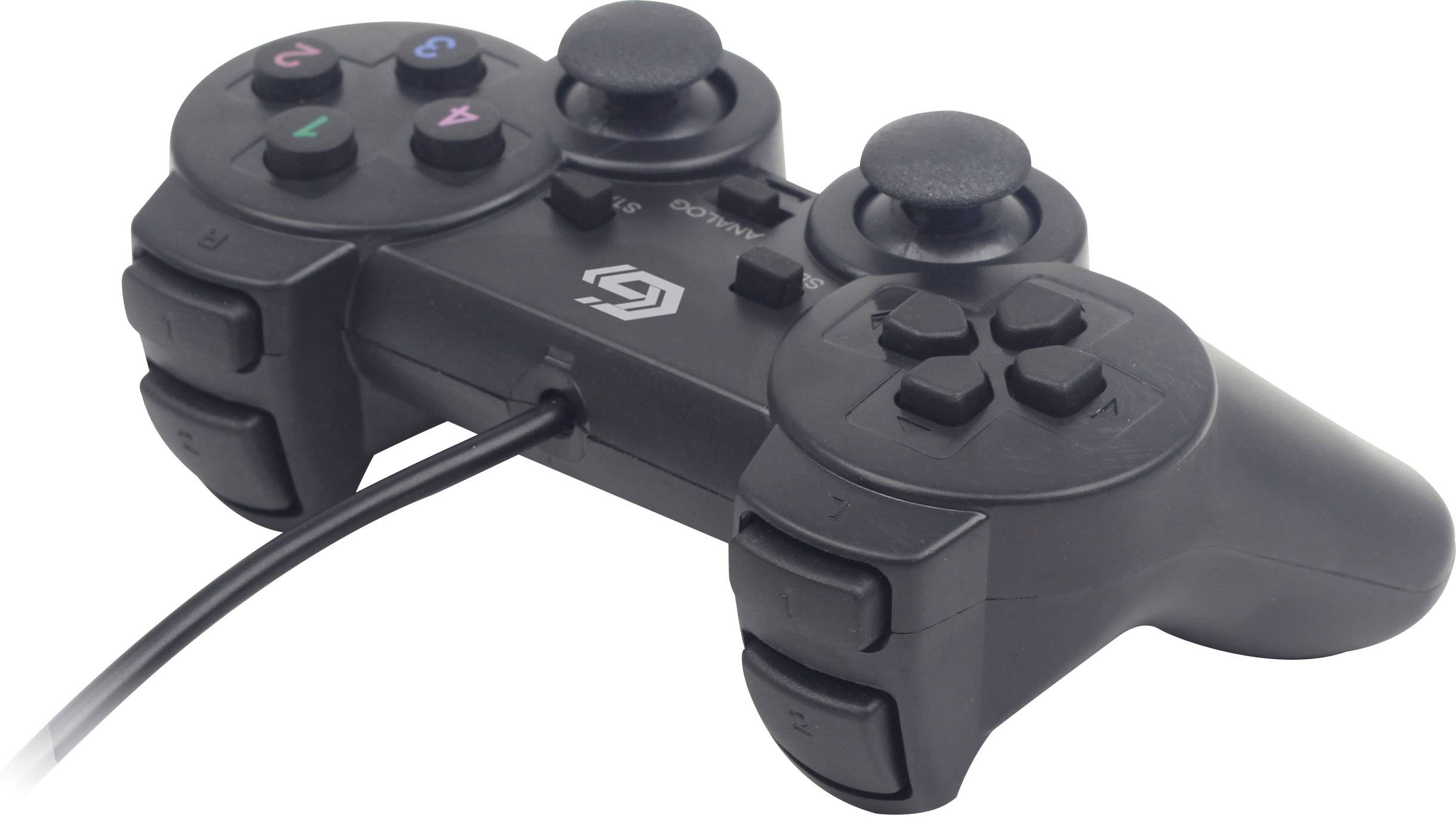 Ein schwarzer Game-Controller mit Kabel, zwei Joysticks, Steuerkreuz und farbigen Tasten. Ideal für Spielekonsolen-Nutzung.