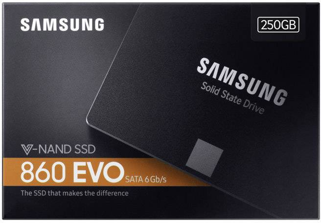 Eine schwarze Samsung 860 EVO SSD mit 250 GB Kapazität wird abgebildet. Der Text 'The SSD that makes the difference' steht darauf.